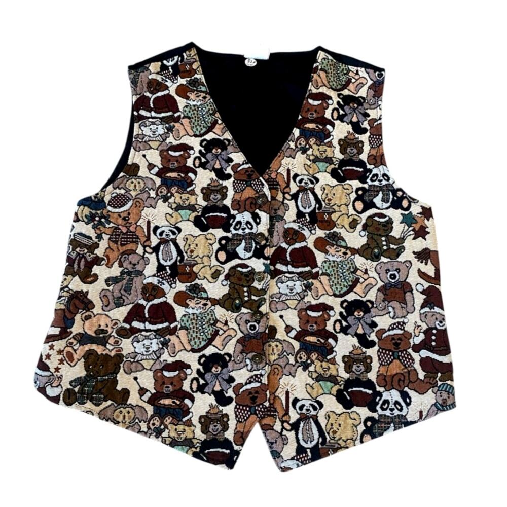 Vtg Bobbie Brooks Teddy Bear Tapestry Vest XL Woven Grannycore Cottagecore 90s